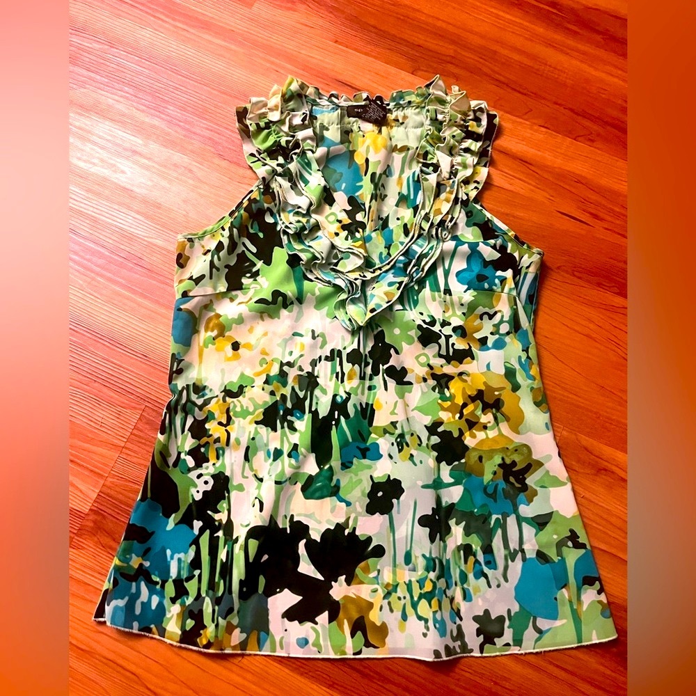 Women’s Small Green Floral Ruffle Sleeveless Top - Spense Brand